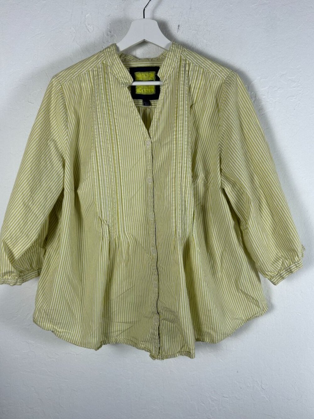 The Pleat Shirt By Avenue Green White Striped 3/4 Sleeve Button-Down Shirt 18/20